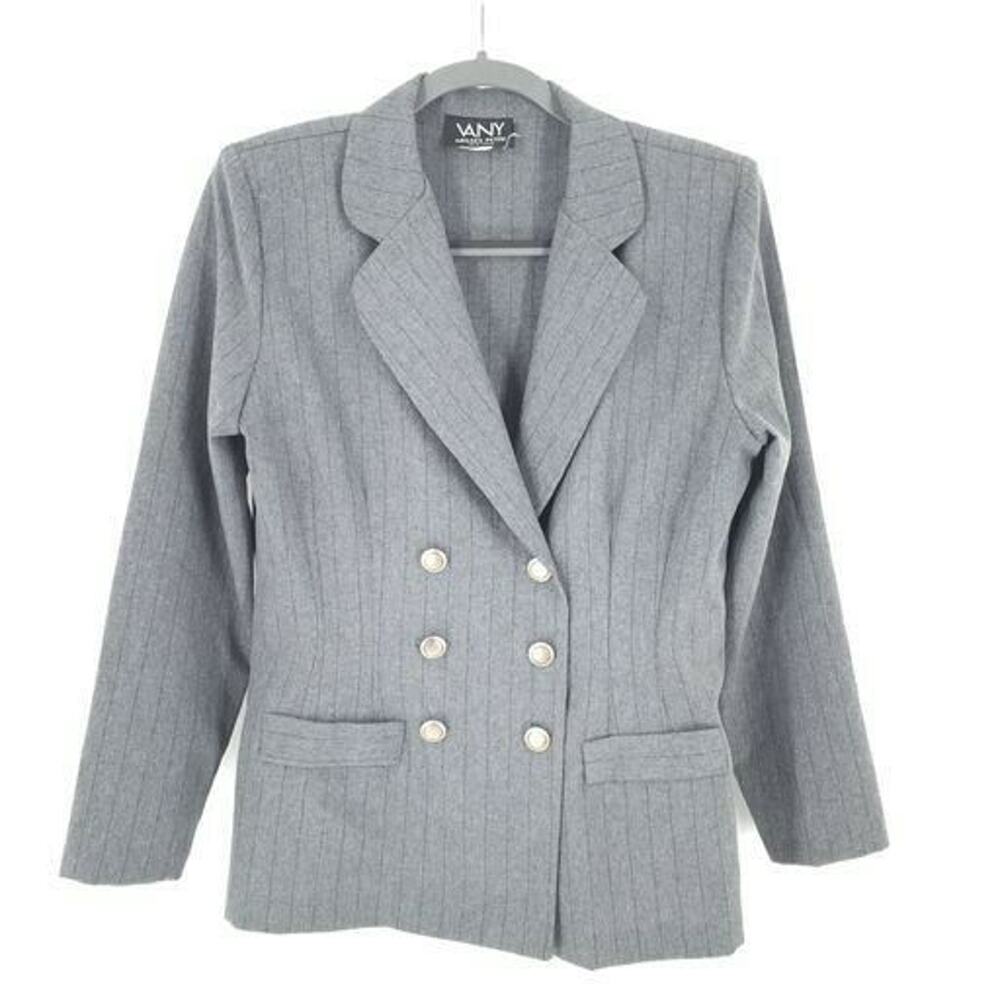 Vintage Vany Misses Petite Double Breasted Pinstripe Suit Jacket 10 Gray Blazer